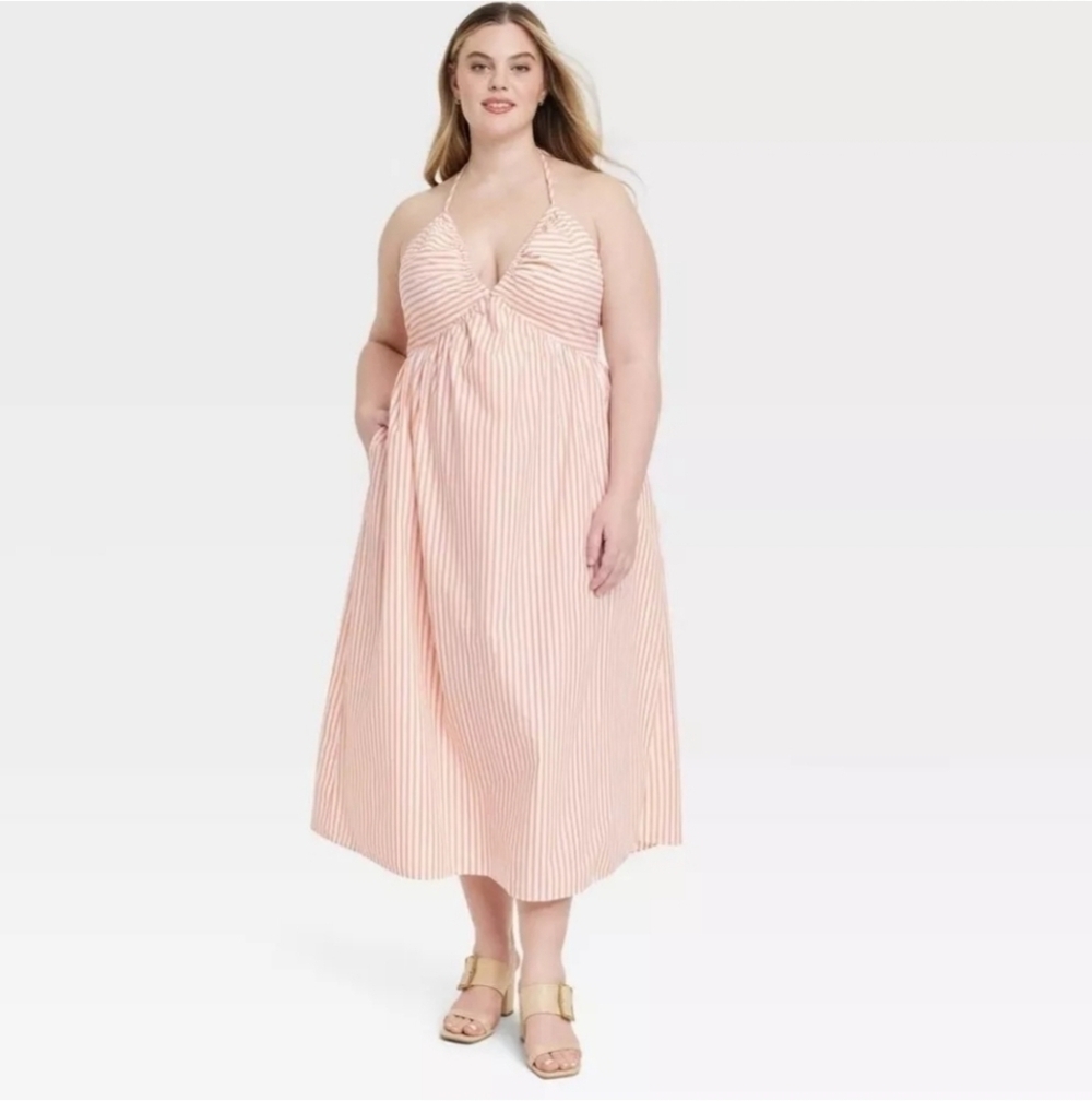 Women's Midi Orange & White Halter V-Neck Sundress - Universal Thread - Size XL